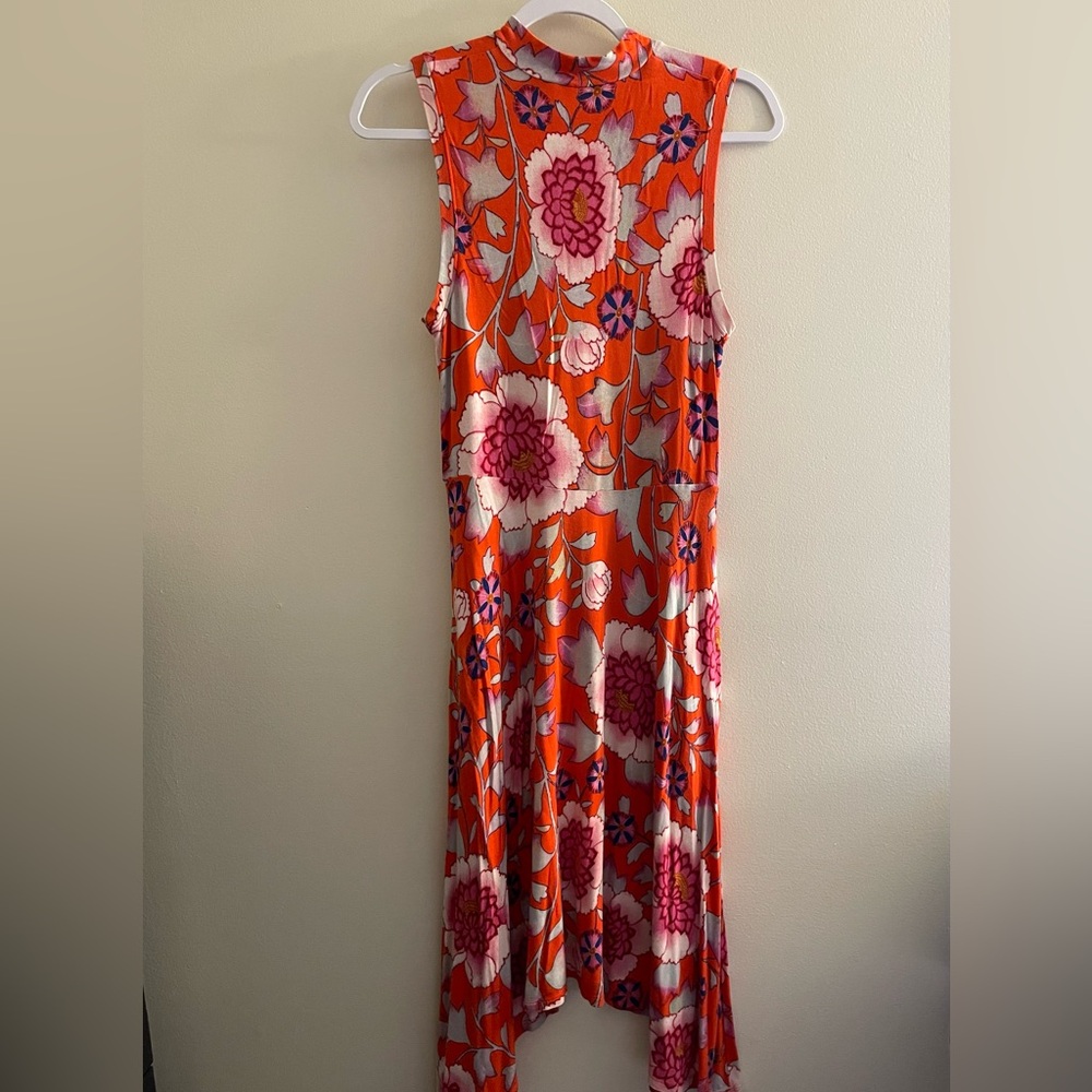 Anthropology Maeve Orange and Pink Floral Mock Turtle Neck Asymmetrical Dress